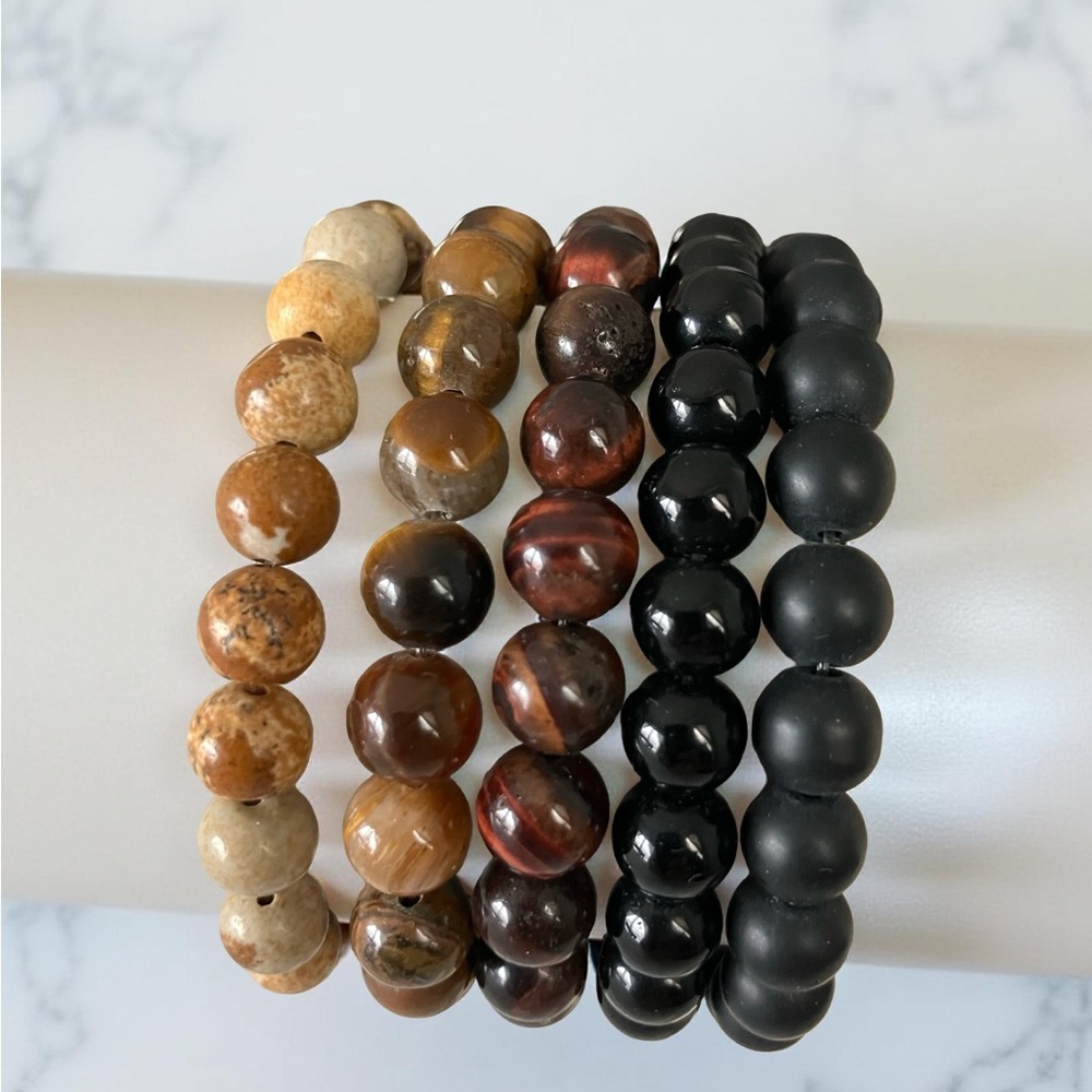 Set 5 Beaded Bracelets Stackable Stretch Brown Bl… - image 7